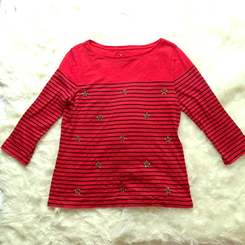 Talbots Cotton Jeweled Striped Top Large